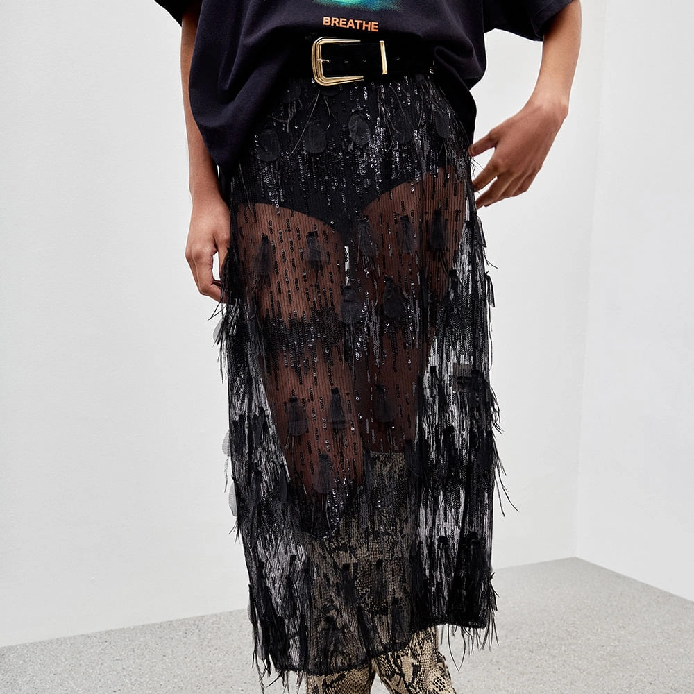 Saia Paetê Pluma Tessa