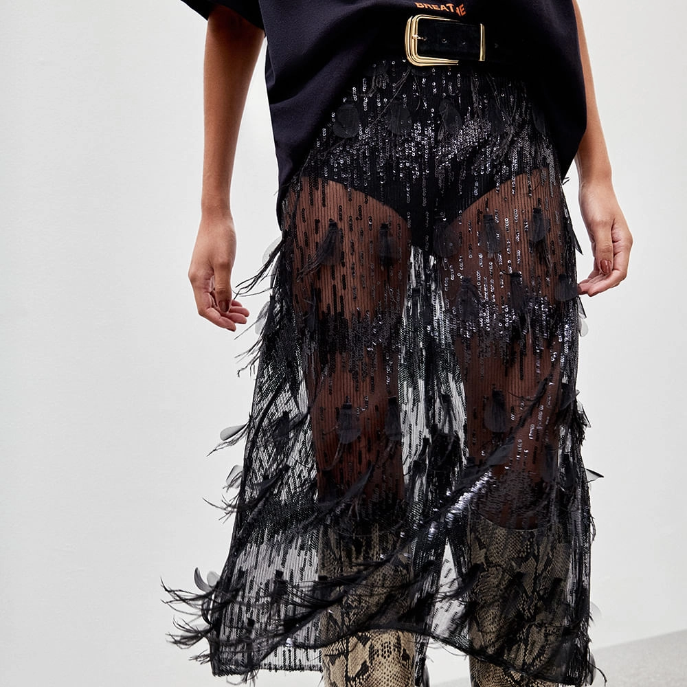 Saia Paetê Pluma Tessa