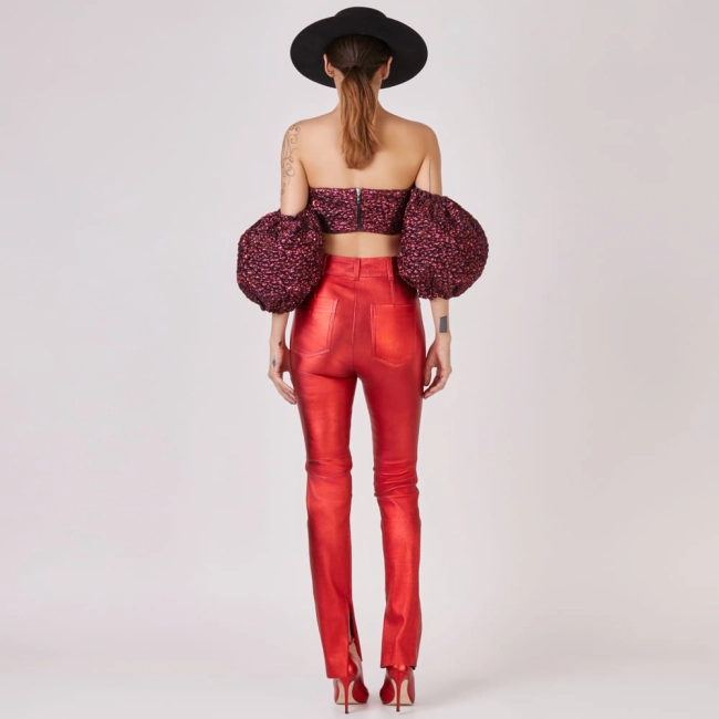 Calça Couro Metalizado Stretch Vanessa