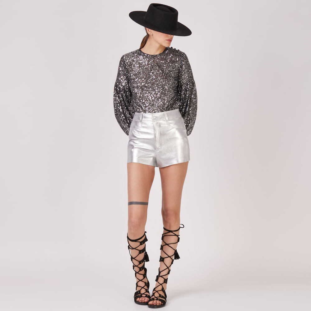 Hotpants Couro Metalizado Stretch Vivian